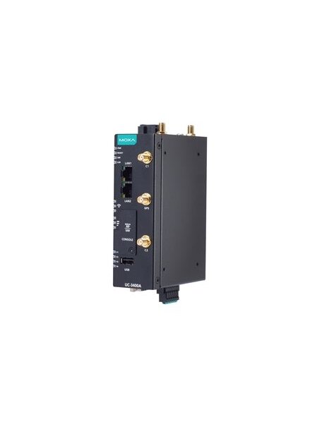 Moxa (UC-3430A-T-LTE-WiFi) Arm® Cortex®-A53 quad-core 64-bit 1.4 GHz industrial computer with 2 Ethernet ports, 2 RS-232/422/485 serial ports, 1 USB 2.0 port, built-in LTE Cat. 4 and Wi-Fi modules, 9 to 48 VDC, TPM v2.0 module, Moxa Industrial Linux (Debi 3 Moxa (UC-3430A-T-LTE-WiFi) Arm® Cortex®-A53 quad-core 64-bit 1.4 GHz industrial computer with 2 Ethernet ports, 2 RS-232/422/485 serial ports, 1 USB 2.0 port, built-in LTE Cat. 4 and Wi-Fi modules, 9 to 48 VDC, TPM v2.0 module, Moxa Industrial Linux (Debi 3