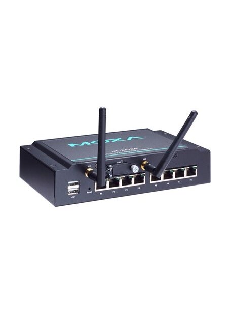 Moxa (UC-8410A-NW-T-LX) Arm-based wall-mount industrial computer with Cortex-A7 1 GHz dual-core, 1 GB DDR3L RAM, 8 serial ports, 4 DIs, 4 DOs, 3 Ethernet ports, 1 mSATA slot, 1 USB port, Debian 8, -40 to 75°C operating temperature 1