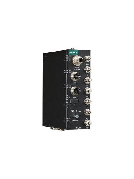 Moxa (V1222-CT-T) Arm-based compact rail computer with 2 GbE ports, 2 serial ports, 1 USB port, 1 microSD slot, Wi-Fi 6 and 5G expansion and dual-SIM support, 24 to 110 VDC, -40 to 70°C operating temperature, conformal coating 1