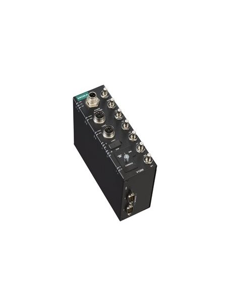 Moxa (V1222-CT-T) Arm-based compact rail computer with 2 GbE ports, 2 serial ports, 1 USB port, 1 microSD slot, Wi-Fi 6 and 5G expansion and dual-SIM support, 24 to 110 VDC, -40 to 70°C operating temperature, conformal coating 3