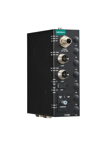 Moxa (V1222-CT-T) Arm-based compact rail computer with 2 GbE ports, 2 serial ports, 1 USB port, 1 microSD slot, Wi-Fi 6 and 5G expansion and dual-SIM support, 24 to 110 VDC, -40 to 70°C operating temperature, conformal coating