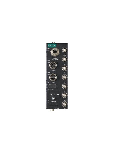 Moxa (V1222-W-CT-T) Arm-based compact rail computer with 2 GbE ports, 2 serial ports, 1 USB port, 1 microSD slot, preinstalled Wi-Fi 6 and 5G modules, dual-SIM support, 24 to 110 VDC, -40 to 70°C operating temperature, conformal coating 2
