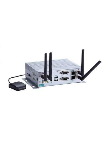 Moxa (V2201-E4-T) x86 embedded computer with Intel Atom® E3845, 1 HDMI port, 2 Ethernet ports, 2 serial ports, 4 DIs, 4 DOs, 1 USB 3.0 port, 2 USB 2.0 ports, 1 SD slot, 1 uSIM slot, 1 Wi-Fi Mini PCIe slot, 1 3G/LTE Mini PCIe slot, -40 to 70°C operating te