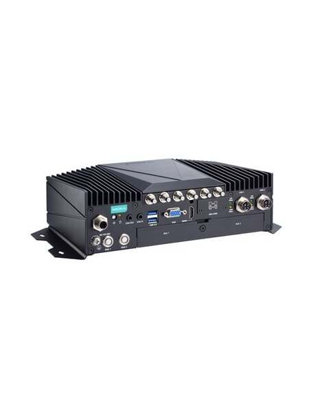 Moxa (V2406C-KL1-T) x86 computer with Intel® 7th Gen Celeron® 3965U 2.0 GHz processor, 1 HDMI port, 1 VGA port, 2 GbE ports, 4 COM ports, 6 DIs, 2 DOs, 1 mSATA slot, dual 2.5-inch SSD/HDD slots, 2 mPCIe slots, 4 USB ports, 24 to 110 VDC power input with i