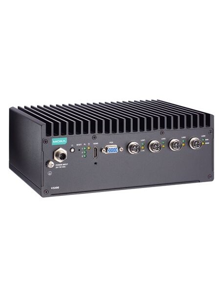 Moxa (V3210-TL3-4L-CT-T) x86 computer with Intel® Core™ i3-1115G4E processor, 4 GbE ports, 4 serial ports, 2 DIs, 2 DOs, 2 USB ports, 1 HDMI port, 1 VGA port, 2 2.5" SSD slots, 1 mPCIe slot, built-in TPM module, 24 to 110 VDC, -40 to 70°C operating temper