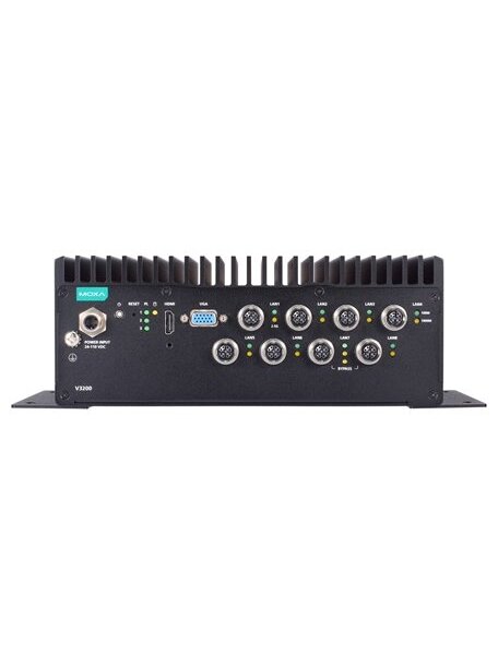 Moxa (V3210-TL3-4L-T) x86 computer with Intel® Core™ i3-1115G4E processor, 4 GbE ports, 4 serial ports, 2 DIs, 2 DOs, 2 USB ports, 1 HDMI port, 1 VGA port, 2 2.5" SSD slots, 1 mPCIe slot, built-in TPM module, 24 to 110 VDC, -40 to 70°C operating temperatu 2