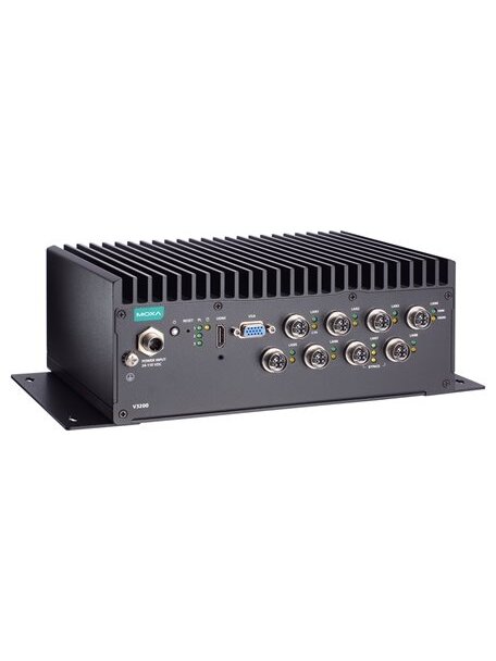Moxa (V3210-TL5-8L-CT-T) x86 computer with Intel® Core™ i5-1145G7E processor, 8 GbE ports, 4 serial ports, 2 DIs, 2 DOs, 2 USB ports, 1 HDMI port, 1 VGA port, 2 2.5" SSD slots, 1 mPCIe slot, built-in TPM module, 24 to 110 VDC, -40 to 70°C operating temper