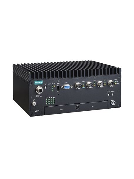 Moxa (V3404-TL3-W-CT-T) x86 computers with Intel® Core™ i3-1115G4E processor, 4 GbE ports, 2 serial ports, 2 DIs, 2 DOs, 2 USB 3.0 ports, 1 HDMI port, 1 VGA port, 2 hot-swappable HDD/SSD slots, multiple expansion slots for wireless modules, 24 to 110 VDC