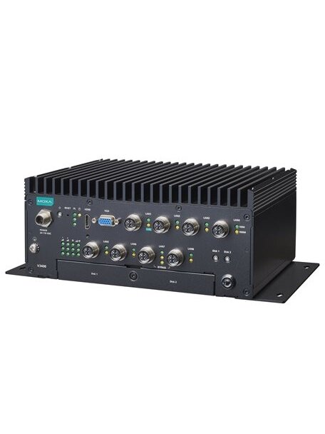 Moxa (V3404-TL7-W-CT-T) x86 computers with Intel® Core™ i7-1185G7E processor, 4 GbE ports, 2 serial ports, 2 DIs, 2 DOs, 2 USB 3.0 ports, 1 HDMI port, 1 VGA port, 2 hot-swappable HDD/SSD slots, multiple expansion slots for wireless modules, 24 to 110 VDC  3