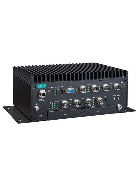 Moxa (V3408-TL3-W-CT-T) x86 computers with Intel® Core™ i3-1115G4E processor, 8 GbE ports, 2 serial ports, 2 DIs, 2 DOs, 2 USB 3.0 ports, 1 HDMI port, 1 VGA port, 2 hot-swappable HDD/SSD slots, multiple expansion slots for wireless modules, 24 to 110 VDC Moxa (V3408-TL3-W-CT-T) x86 computers with Intel® Core™ i3-1115G4E processor, 8 GbE ports, 2 serial ports, 2 DIs, 2 DOs, 2 USB 3.0 ports, 1 HDMI port, 1 VGA port, 2 hot-swappable HDD/SSD slots, multiple expansion slots for wireless modules, 24 to 110 VDC
