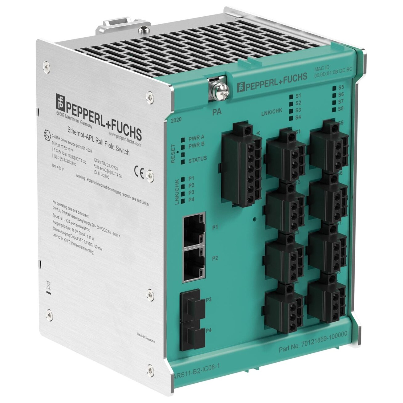 Pepperl+Fuchs ARS12-B2-IC08-2 (70121859-100009) Ant bėgelio montuojamas Ethernet-APL lauko komutatorius Pepperl+Fuchs ARS12-B2-IC08-2 (70121859-100009) Ant bėgelio montuojamas Ethernet-APL lauko komutatorius